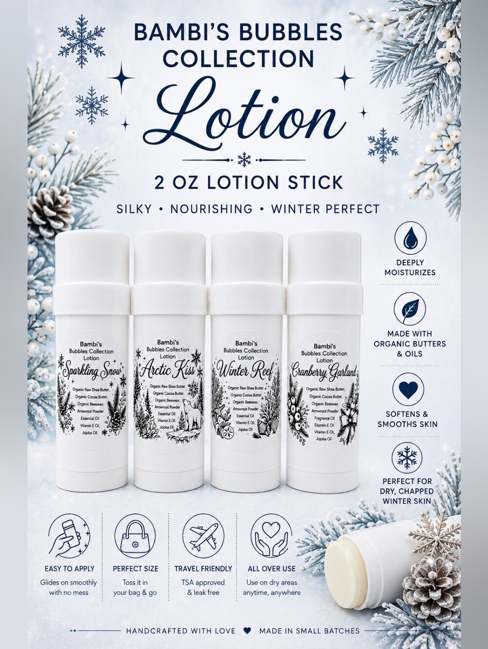 New! Hand Crafted Winter Holiday Lotion Stick 2oz